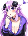  1girl adult_neptune blush breasts choker cleavage d-pad d-pad_hair_ornament hair_between_eyes hair_ornament hood hooded_jacket jacket kurozero long_hair looking_at_viewer medium_breasts neptune_(series) open_mouth purple_eyes purple_hair shin_jigen_game_neptune_vii solo upper_body very_long_hair 