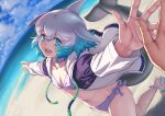  1girl beach bikini bikini_under_clothes blowhole blue_eyes blue_hair blue_sky breasts cardigan cetacean_tail choker cloud common_bottlenose_dolphin_(kemono_friends) day dolphin_girl dorsal_fin drawstring dutch_angle fins fish_tail fisheye foreshortening grey_hair hair_between_eyes happy head_back head_fins highres hood hood_down hooded_cardigan horizon kemono_friends kosai_takayuki light_blush long_sleeves looking_at_viewer medium_hair multicolored_hair navel ocean open_cardigan open_clothes open_mouth outdoors outstretched_arms parted_bangs pov pov_hands running sand sandals sky small_breasts smile solo_focus spread_arms stomach swimsuit tail unzipped water white_hair zipper 