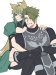  1boy 1girl achilles_(fate) ahoge animal_ear_fluff animal_ears armor atalanta_(fate) black_pantyhose black_shirt brown_eyes cleavage_cutout clothing_cutout eyelashes fate/apocrypha fate_(series) gauntlets gradient_hair green_eyes green_hair hand_on_another&#039;s_shoulder haruakira highres hug hug_from_behind multicolored_hair pantyhose puffy_short_sleeves puffy_sleeves ribbed_shirt shirt short_hair short_sleeves sitting undercut white_background 