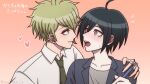  2boys :o ahoge alternate_costume amami_rantaro black_hair brown_eyes brown_necktie collarbone collared_shirt danganronpa_(series) danganronpa_v3:_killing_harmony ear_piercing earrings eye_contact green_hair hand_on_another&#039;s_shoulder heart holding holding_pen jewelry long_sleeves looking_at_another male_focus multiple_boys necktie open_mouth pen piercing pink_background ring saihara_shuichi shirt short_hair smile suiren_yurei teeth tongue translation_request upper_teeth_only 