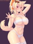  1girl animal_ears arm_up bare_arms bare_shoulders blonde_hair blush bow breasts cat_ears cat_girl cat_tail collarbone commentary english_commentary hair_bow hair_ornament hairclip halloween highres large_breasts long_hair looking_at_viewer nottytiffy original parted_lips patreon_username ponytail purple_background red_eyes sidelocks simple_background smile solo tail teeth tiffy_(nottytiffy) underboob 