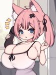  1girl :o absurdres ahoge animal_ear_fluff animal_ears black_ribbon blue_eyes breasts cat_ears cleavage collarbone hair_ornament hair_ribbon highres holding holding_phone huge_breasts long_hair looking_at_viewer oppai_loli original phone ribbon solo strap_gap two_side_up type_moll upper_body x_hair_ornament 