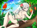  1girl :t animal ass bare_shoulders beach beak bikini bird blue_sky blush bracelet branch breasts climbing cloud day eating feathers floral_print flower food food_on_face food_request fruit green_eyes green_footwear grey_hair hair_between_eyes hair_flower hair_ornament hibiscus holding holding_food holding_fruit horizon in_tree jewelry large_breasts leaf lens_flare light_particles light_rays long_hair looking_at_viewer macaw median_furrow ocean official_alternate_costume official_art orange_flower outdoors palm_leaf palm_tree parrot plant rainbow red-and-green_macaw red_flower sand scarlet_macaw senkou_(senran_kagura) senran_kagura senran_kagura_new_link shiny_skin shoulder_blades sideboob sky solo sunbeam sunlight swimsuit thigh_strap tree tropical tsurime vines water white_flower yaegashi_nan yellow_flower 