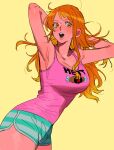  1girl armpits arms_behind_head arms_up blush breasts chanko_neru collarbone commentary cowboy_shot dolphin_shorts highres large_breasts long_hair looking_at_viewer messy_hair nami_(one_piece) one_piece open_mouth orange_eyes orange_hair pink_tank_top shorts simple_background single_sidelock solo striped striped_shorts symbol-only_commentary tank_top teeth upper_teeth_only yellow_background 