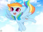 4:3 absurd_res blue_body blue_feathers blue_fur cloud cutie_mark digital_media_(artwork) equid equine feathered_wings feathers female feral friendship_is_magic fur hair hasbro hi_res mammal multicolored_hair multicolored_tail my_little_pony pegasus pink_eyes rainbow_dash_(mlp) rainbow_hair rainbow_tail signature sky smile solo spread_wings tail tongue wings zokkili 