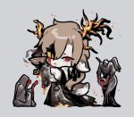  1boy :| animal_ears antlers black_gloves black_ribbon black_robe black_shawl blood blood_from_eyes bloodborne brown_hair burning burnt_clothes capelet chalice chibi closed_mouth coat colored_sclera cup deer_antlers deer_boy deer_ears deer_tail from_side full_body gloves grey_background hair_between_eyes hair_ribbon holding holding_cup laurence_the_first_vicar long_hair long_sleeves looking_at_viewer looking_to_the_side low_ponytail male_focus mismatched_pupils mismatched_sclera platinum_(o0baijin0o) red_eyes ribbon robe shawl simple_background slit_pupils solo standing statue tail uneven_eyes white_capelet white_coat wide_sleeves yellow_sclera 