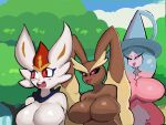  &lt;3 &lt;3_eyes anthro axel_in_harlem big_breasts black_sclera blue_hair blush breasts brown_body brown_fur buckteeth cinderace clothed clothing cloud day eyebrows eyelashes female female/female forest fur generation_4_pokemon generation_8_pokemon group hair hatterene hi_res huge_breasts humanoid i_put_the_new_forgis_on_the_jeep looking_at_viewer lopunny meme nintendo open_mouth outside pink_body pink_hair pink_pupils pink_skin plant pokemon pokemon_(species) pupils red_eyes sath15 sky smile teeth thick_eyebrows tree trio white_body white_fur 