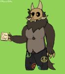  1_eye anthro beard bodily_fluids bone bottomwear brown_body bulge canid canine chest_tuft claws clothed clothing container cup detailed_bulge disney erection erection_under_clothing facial_hair fur genital_fluids genital_outline hair holding_mug holding_object horn humanoid male mammal mature_male mug pants papa_titan(the_owl_house) penis_outline precum precum_through_clothing pubes skull skull_head solo soren_vantablack tail teeth the_owl_house titan_(the_owl_house) tuft wet wet_clothing yellow_eyes 