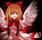  1girl angel_wings black_background blonde_hair blood blood_on_clothes bow brown_vest dress feathered_wings fuwafurin gengetsu_(touhou) lotus_land_story red_bow red_eyes red_nails short_hair simple_background sketch smile touhou touhou_(pc-98) vest white_dress white_wings wings 