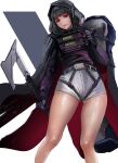  1girl axe bag belt black_coat black_gloves black_hair black_shirt blunt_bangs coat d_(nikke) feet_out_of_frame from_below gloves goddess_of_victory:_nikke grey_shorts gun hatchet_(axe) high-waist_shorts highres holding holding_bag holding_weapon holster hood hood_up hooded_coat kyel_hyde long_coat looking_at_viewer medium_hair red_eyes shirt short_shorts shorts sidelocks solo thighs weapon 