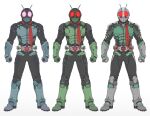  3boys alternate_color antennae armor armored_boots black_bodysuit bodysuit boots breastplate chinese_commentary clenched_hands commentary_request driver_(kamen_rider) full_body gauntlets glowing glowing_eyes green_armor grey_armor grey_footwear highres kamen_rider kamen_rider_(1st_series) kamen_rider_1 kamen_rider_2 multiple_boys red_eyes red_scarf scarf simple_background standing typhoon_(kamen_rider) v-fin white_background xiangzi_box 