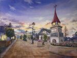  bare_tree building chimney clock clock_tower cloud cloudy_sky day highres house lamp ooy33151086 original painting_(medium) plant potted_plant road scenery sky street tower traditional_media tree watercolor_(medium) window 