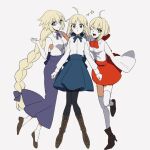  3girls ahoge artoria_pendragon_(fate) black_pantyhose blonde_hair blue_eyes blue_ribbon blue_skirt boots bow braid brown_footwear collared_shirt double-parted_bangs fate_(series) green_eyes hair_between_eyes hair_bow hair_intakes hair_ribbon hand_up jeanne_d&#039;arc_(fate) jeanne_d&#039;arc_(ruler)_(fate) long_braid long_hair long_skirt long_sleeves looking_at_viewer miniskirt multiple_girls neck_ribbon nero_claudius_(fate) nnndajidand one_eye_closed pantyhose parted_bangs puffy_sleeves purple_bow purple_ribbon purple_shirt red_bow red_skirt ribbon saber shirt sidelocks single_braid skirt sleeveless thighhighs white_background white_shirt white_thighhighs 