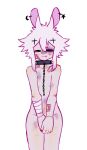  ambiguous_gender animal_humanoid band-aid bandage bandaged_arm bangs black_eye_(injury) bruised chain chain_leash collar collar_only covering covering_crotch ear_piercing g4cruf0 hands_together hi_res humanoid lagomorph lagomorph_humanoid leash leashed_collar leporid_humanoid mammal mammal_humanoid nude piercing rabbit_ears rabbit_humanoid scratches self_harm_scars smile solo tan_body tan_skin 