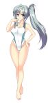  1girl barefoot blue_eyes blue_hair blush breasts character_request cleavage collarbone commentary_request competition_swimsuit full_body groin highres hizuki_aki large_breasts long_hair looking_at_viewer one-piece_swimsuit original side_ponytail simple_background smile solo standing swimsuit white_background 