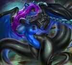  amethystdust anthro big_breasts black_body black_scales blue_body blue_eyes blue_scales blush breasts chain chained_up collar dragon female genitals hair hi_res looking_at_viewer membrane_(anatomy) membranous_wings purple_hair pussy scales scalie solo spade_tail taghyrt tail thick_tail western_dragon wide_hips wings xenodragon 