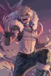  1boy artist_name bakugou_katsuki belt belt_buckle black_pants black_sky bleeding blonde_hair blood boku_no_hero_academia boots brown_belt buckle cape claw_mark commentary cowboy_shot cuts dated_commentary detached_sleeves evening fire floating_cape fur-trimmed_boots fur-trimmed_cape fur_trim gradient_outline gradient_sky grey_footwear grey_outline hair_between_eyes hands_up happy highres injury jewelry knee_boots knee_guards knee_up looking_away looking_down making-of_available male_focus multiple_necklaces navel necklace nipples no_shirt open_mouth outdoors outline pants pink_outline pink_sky red_cape red_eyes sanpaku short_hair shoulder_pads sidelighting sideways_glance single_bare_shoulder single_shoulder_pad sky smile smoke solo spiked_hair standing star_(sky) stepping toned toned_male tooth_earrings tooth_necklace torn_cape torn_clothes triangle_print turning_head v-shaped_eyebrows white_outline wind zettanoia 