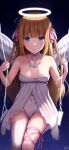  1girl angel_wings asymmetrical_legwear babydoll bare_shoulders blonde_hair blue_eyes breasts cameltoe choker collarbone furrowed_brow grabbing hair_ribbon halo highres hime-chan_(ramchi) jewelry lace lace_choker leotard long_hair looking_at_viewer necklace original pink_ribbon ramchi ribbon signature sitting small_breasts solo star_(sky) swing thighhighs twintails white_babydoll white_halo white_leotard white_thighhighs wings 