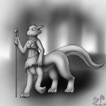  2023 4_toes 5_fingers big_tail blurred_background bottomwear breasts cleavage clothed clothing dated detailed_background digital_drawing_(artwork) digital_media_(artwork) digitigrade feet female fingers forest greyscale hi_res holding_object holding_spear holding_weapon humanoid_hands kobold kobold_taur long_tail medium_breasts melee_weapon monochrome non-mammal_breasts outside plant polearm pupils quadruped scalie scalie_taur shaded side_view signature skirt slit_pupils snout soft_shading solo spe spear standing tail tapering_tail taur thick_tail toes topwear tree tribal weapon 