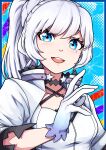  1girl :d absurdres black_choker blue_background blue_border blue_eyes border breasts choker collarbone dangle_earrings earrings gloves hand_up high_ponytail highres jacket jewelry keith_montalbo looking_at_viewer open_mouth rwby scar scar_across_eye scar_on_face small_breasts smile solo upper_body weiss_schnee white_gloves white_hair white_jacket 