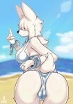  absurd_res anthro beach big_breasts big_ears bikini bra breasts butt camel_toe canid canine chain clothing clothing_grab cloud collar cuff_(restraint) death_(whitev) digital_media_(artwork) female fur genitals hair hair_over_eyes hi_res lens_flare looking_at_viewer looking_back mammal metal_collar outside ponytail pussy rear_view restraints ring sea seaside shackles short_tail shush signature silver_clothing smile solo swimwear tail underwear water wedgie white_body white_fur whitev 