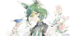  1boy animal_ears bird bird_on_hand bluebird blush brown_eyes earrings flower fox_boy fox_ears genshin_impact green_eyes green_hair highres jewelry light_green_hair looking_at_viewer male_focus multicolored_eyes multicolored_hair netsus3 pink_flower smile solo teeth tighnari_(genshin_impact) 