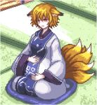  1girl animal_ear_fluff animal_ears bangs breasts dress ears_down eyeshadow fox_ears fox_tail grey_dress hair_between_eyes hands_on_own_stomach lowres makeup medium_breasts multiple_tails open_mouth pillow pink_eyeshadow pixel_art pregnant red_eyes sitting smile solo tail tatami touhou unk_kyouso yakumo_ran 