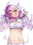  1girl absurdres blush breasts commentary demon_horns demon_tail demon_wings fake_horns fangs gloves green_eyes green_gloves hair_ornament hairpin heart heart_tattoo highres hololive horns long_hair looking_at_viewer navel navel_piercing piercing pink_hair purple_gloves rnjs4967 shrug_(clothing) small_breasts smile solo strapless tail tattoo tokoyami_towa tokoyami_towa_(5th_costume) tube_top two-sided_gloves virtual_youtuber white_gloves white_tube_top winged_heart_tattoo wings 