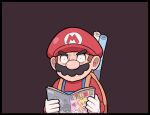  1boy ayyk92 black_border blue_overalls border brown_background facial_hair gloves holding_manga looking_at_viewer male_focus mario mario_(series) mustache overalls red_headwear red_shirt shirt simple_background solo v-shaped_eyebrows white_gloves 