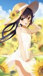  1girl absurdres brown_eyes brown_hair dress flower hat hat_flower highres holding holding_clothes holding_dress k-on! looking_at_viewer motchi001 nakano_azusa open_mouth outdoors smile solo straw_hat sundress sunflower white_dress wind wind_lift 