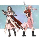  2girls 826hopelight aerith_gainsborough alternate_costume aqua_eyes armband black_footwear black_gloves boots braid braided_ponytail breasts brown_hair cape center_opening closed_mouth coat cosplay costume_switch cropped_jacket crossover dress elbow_gloves fighting_stance final_fantasy final_fantasy_vii final_fantasy_xiii fingerless_gloves full_body gloves grey_sweater gunblade hair_between_eyes hair_ribbon holding holding_staff holding_weapon jacket letterboxed lightning_farron lightning_returns:_final_fantasy_xiii long_dress long_hair looking_at_viewer looking_back medium_breasts multiple_girls official_alternate_costume parted_bangs pink_dress pink_hair pink_ribbon ponytail puffy_short_sleeves puffy_sleeves red_cape red_jacket ribbon short_sleeves sidelocks single_bare_shoulder single_braid single_elbow_glove single_shoulder_pad sleeveless sleeveless_coat sleeveless_turtleneck smile staff standing sweater swept_bangs turtleneck wavy_hair weapon white_coat 