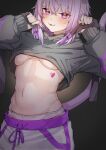  1girl :3 absurdres artist_request blush breasts cat_girl cat_tail commentary_request dark_background heart heart_tattoo highres hololive jacket long_sleeves navel nekomata_okayu nekomata_okayu_(1st_costume) panties purple_eyes purple_hair simple_background solo stomach tail tattoo tongue tongue_out underboob underwear virtual_youtuber white_panties 