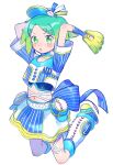  1girl :o absurdres arms_up baseball baseball_mitt baseball_uniform blue_bow blue_hair blue_headwear blue_shirt blue_skirt blush bow cropped_shirt full_body gradient_hair green_eyes green_hair hair_ornament hairclip highres idol_clothes idol_time_pripara leg_warmers looking_at_viewer midair midriff multicolored_hair nijiiro_nino open_mouth pretty_(series) pripara shirt shoes short_hair short_sleeves simple_background skirt solo sportswear triangle_hair_ornament tsukiyo_michi visor_cap white_background 