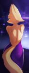  absurd_res anthro canid canine clothing diane_foxington dreamworks dress female fluffy fluffy_tail fox fur green_eyes hi_res looking_at_viewer mammal omeki orange_body orange_fur purple_clothing purple_dress rear_view solo tail the_bad_guys 