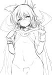  1girl blush cape cowboy_shot efukei flat_chest greyscale groin hair_between_eyes highres looking_at_viewer monochrome navel pointy_hair simple_background sketch solo standing sweatdrop touhou toyosatomimi_no_miko v-shaped_eyebrows white_background 