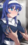  1boy 1girl ahoge blue_eyes blue_hair blush breasts closed_mouth grabbing grabbing_another&#039;s_breast hair_between_eyes hairband hetero huge_ahoge large_breasts long_hair motion_lines orie_(under_night_in-birth) sweatdrop touniyuu under_night_in-birth white_hairband 