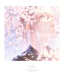  1girl absurdres artist_name black_sailor_collar bouno_satoshi branch cherry_blossoms dated eyelashes flower hair_between_eyes highres lips looking_up original parted_lips pink_flower pink_hair portrait purple_eyes sailor_collar solo twitter_username water_drop wet 