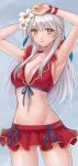  1girl armpits arms_up bare_arms bare_shoulders bikini breasts cleavage commentary_request cowboy_shot fire_emblem fire_emblem:_radiant_dawn fire_emblem_heroes flower grey_background hair_between_eyes hair_flower hair_ornament hazuki_(nyorosuke) hibiscus highres large_breasts long_hair looking_at_viewer micaiah_(fire_emblem) navel official_alternate_costume red_bikini solo standing stomach swimsuit thighs very_long_hair white_flower white_hair yellow_eyes 
