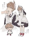  1boy 1other :d ahoge alternate_costume apron black_dress blush brown_eyes brown_hair cheeseko chibi collarbone danganronpa:_trigger_happy_havoc danganronpa_(series) dress enmaided grey_apron hand_on_another&#039;s_face long_sleeves maid maid_apron maid_headdress naegi_makoto red_footwear short_hair simple_background smile socks translation_request white_background white_socks 