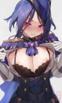  1girl areola_slip ascot black_bra blue_ascot blue_hair blush bra breasts cleavage clenched_teeth clorinde_(genshin_impact) clothes_lift corset epaulettes genshin_impact gloves hat highres lace-trimmed_bra lace_trim large_breasts open_clothes open_shirt padoruu purple_eyes shirt_lift solo sweat teeth tricorne underwear upper_body v-shaped_eyebrows white_gloves 