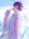  1boy alternate_costume candy food heterochromia highres holding holding_candy holding_food holding_lollipop jacket kurakichi36 lollipop male_focus nijisanji nijisanji_en pink_eyes purple_eyes purple_hair purple_jacket see-through see-through_jacket shirt solo uki_violeta virtual_youtuber white_shirt 