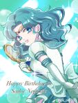  1girl aqua_eyes aqua_hair aqua_theme ata129 back_bow bishoujo_senshi_sailor_moon blue_bow bow choker circlet cowboy_shot deep_aqua_mirror earrings elbow_gloves gloves green_bow green_choker green_sailor_collar green_skirt highres holding holding_mirror jewelry kaiou_michiru layered_skirt light_particles looking_at_viewer looking_back magical_girl medium_hair mirror neptune_symbol outstretched_hand parted_bangs puffy_sleeves sailor_collar sailor_neptune sailor_senshi_uniform see-through see-through_sleeves shiny_clothes skirt solo sparkle standing star_(symbol) star_earrings super_sailor_neptune_(stars) twitter_username white_gloves 