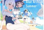  4girls ball beach beachball bikini black_headwear blue_archive blue_halo blue_one-piece_swimsuit blue_sky bucket_hat cloud commentary_request covered_navel day fishing_rod halo hat highres holding holding_ball holding_beachball long_hair miyako_(blue_archive) miyako_(swimsuit)_(blue_archive) miyu_(blue_archive) miyu_(swimsuit)_(blue_archive) moe_(blue_archive) moe_(swimsuit)_(blue_archive) multiple_girls ocean official_alternate_costume one-piece_swimsuit outdoors rabbit_platoon_(blue_archive) rash_guard saki_(blue_archive) saki_(swimsuit)_(blue_archive) short_hair sitting sky swimsuit thighs umihal white_hair yellow_halo 