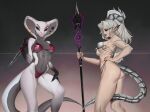  anthro black_sclera bra clothing duo eyelashes female front_view gauged_snake_hood grey_body grey_horn grey_scales grey_tail hi_res holding_knife holding_object holding_spear holding_weapon horn humanoid knife looking_at_viewer melee_weapon panties polearm purple_eyes red_bra red_clothing red_panties red_underwear reptile ridged_tail scales scalie shermugi side_view simple_background snake spear standing tan_body underwear weapon white_body white_bra white_clothing white_underwear 