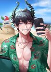  1boy 3others beach black_hair black_horns blue_eyes blue_sky blurry blurry_background blush buttons cellphone chain_necklace cloud collarbone collared_shirt commentary day ear_piercing earrings english_commentary fang floral_print gold_necklace green_shirt grin hair_between_eyes hand_up hibiscus_print highres holding holding_phone horns jewelry looking_at_viewer male_focus multiple_others necklace nijisanji nijisanji_en ocean one_eye_closed open_clothes open_shirt outdoors palm_tree_print pectorals phone piercing pointy_ears ren_zotto ring sand sand_sculpture shirt short_hair short_sleeves sky smartphone smile solo_focus teeth upper_body virtual_youtuber water wet wet_hair wing_collar yumi_(yumimi2434) 