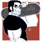  1boy absurdres bara beard_stubble black_hair carrying_over_shoulder from_side greyscale_with_colored_background grin highres holding holding_skateboard huge_eyebrows large_pectorals looking_at_viewer lucas_lee male_focus msempai97 muscular muscular_male neck_tattoo pectorals raised_eyebrow scott_pilgrim_takes_off shirt short_hair short_sleeves skateboard sketch smile solo sunglasses t-shirt tattoo tight_clothes tight_shirt two-tone_background upper_body 
