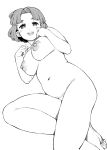  1girl bakura_(tsugumomo) belly blush breasts completely_nude foot_out_of_frame greyscale half-closed_eyes hamada_yoshikazu hands_up highres hikimayu knee_up large_areolae large_breasts looking_at_viewer lying monochrome navel nipples nude on_side open_mouth parted_bangs plump short_hair smile solo tsugumomo white_background 