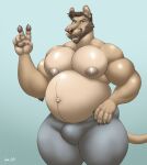  2023 absurd_res anthro areola beard belly belly_hair biceps big_areola big_belly big_biceps big_bulge big_butt big_nipples big_pecs black_claws blue_eyes body_hair bottomwear brown_hair bulge butt claws clothed clothing colored dark_lips dark_pawpads digital_drawing_(artwork) digital_media_(artwork) ear_piercing earpiece facial_hair fat_belly felid feline fur gesture glistening glistening_body grey_areola grey_bottomwear grey_clothing grey_nipples grey_pants hair half_naked hand_on_hip hand_on_own_hip hi_res inner_ear_fluff laew lion looking_at_viewer male mammal markings muscular muscular_male mustache navel nipples overweight overweight_male pantherine pants pawpads paws pecs piercing pink_nose shaded signature simple_background smile soft_shading solo tail teeth thick_thighs tj_(yasano) topless topless_male tuft v_sign whisker_markings whiskers wide_hips 