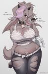  anthro breasts brown_body brown_hair clothed clothing collar english_text female hair hi_res horizontal_pupils horn mammal noona_(noona_plz) noona_plz one_eye_obstructed pupils simple_background solo text 