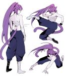  2023 animal_ears animal_humanoid artist_name bandage bandaged_chest bottomwear clothing dated digital_media_(artwork) female golub_lol hair hi_res humanoid light_body light_skin long_hair misuri_(golub_lol) multiple_poses pose purple_hair purple_tail simple_background solo standing tail white_background 